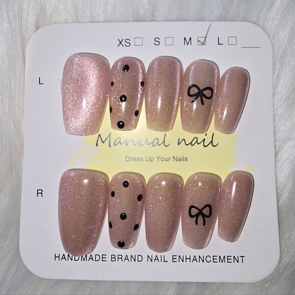 Other - Handmade Press On Nail Pink Glitter Catseye With Pokadots And Bows